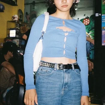 2000-е Ретро Независимая укороченная футболка С длинными рукавами, Открытая синяя футболка, Базовый сексуальный Тонкий топ, Осенняя женская одежда в стиле Y2K