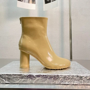 Классические женские ботинки на молнии на высоком каблуке с квадратным носком, однотонные Ботильоны для подиума, Уличная мода, Ботинки Челси из натуральной кожи, женские