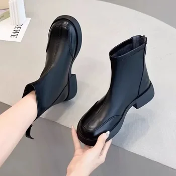 Базовые женские ботинки 2023, классические модные ботильоны с круглым носком, удобные женские ботинки на молнии на низком каблуке, простые черные ботинки