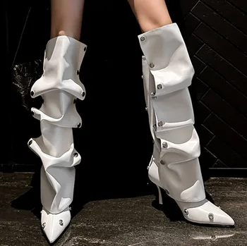 ENMAYER 2023 Высококачественные сапоги до колена из натуральной кожи, лаконичные женские туфли-лодочки на высоком каблуке с острым носком, обувь для вечеринок, женские длинные ботинки
