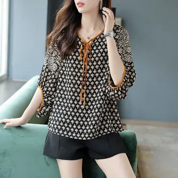 Модная винтажная шифоновая футболка с принтом на рукавах 3/4 для женщин, летние тонкие Корейские универсальные свободные топы на шнуровке, женская одежда
