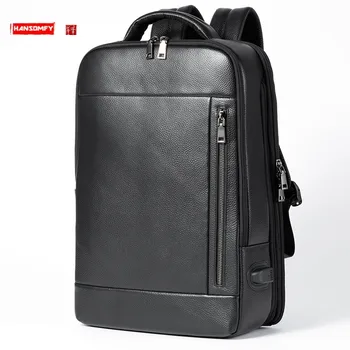 Мужской рюкзак из мягкой натуральной Кожи 14-15,6 Дюймов, Сумка для ноутбука, Деловая Модная Дорожная сумка, Школьный рюкзак Большой емкости, USB Рюкзаки 0