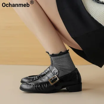 Ochanmeb/ Женские лоферы из овчины, плиссированные туфли на низком каблуке с круглым носком и металлической пряжкой, Черные, коричневые Лоферы без застежки ручной работы, весна