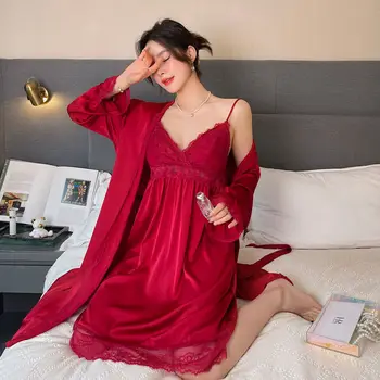 Сексуальный кружевной свадебный халат, комплект, ночная рубашка, пижамы, костюм из двух предметов, Весенне-летний женский халат, ночная рубашка, домашняя одежда