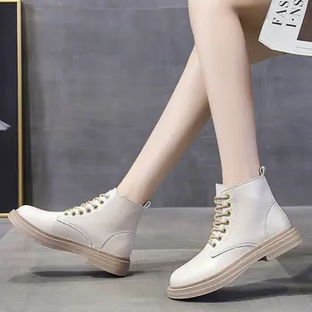 2023 г. Новые зимние женские ботинки из плюша и хлопка на толстой платформе, с круглым носком на плоской подошве, на однотонной шнуровке, классическая модная обувь