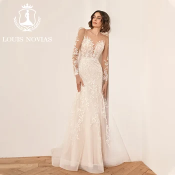 Свадебные платья LOUIS NOVIAS Mermaid для женщин 2023, Полупрозрачное свадебное платье на пуговицах с длинным рукавом в виде сердечка, Vestido De Novia
