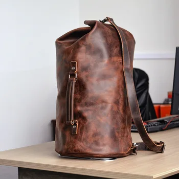 Винтажный кожаный рюкзак, мужская цилиндрическая сумка большой емкости, рюкзак для путешествий, альпинистская сумка
