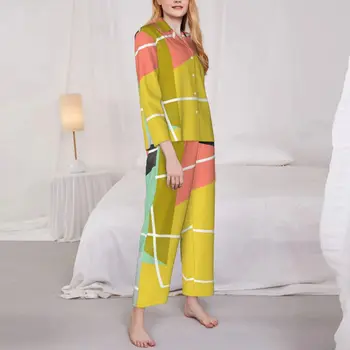 Пижамы с цветными блоками, женские пижамы с геометрическим принтом, милые пижамы для комнаты, осень, Комплект из 2 предметов, винтажные пижамы оверсайз с графическим рисунком