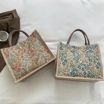 Винтажная хлопковая льняная сумка-тоут, 1 шт., многоразовая сумка через плечо, большая вместительная женская модная сумка с цветочным узором и вышивкой.